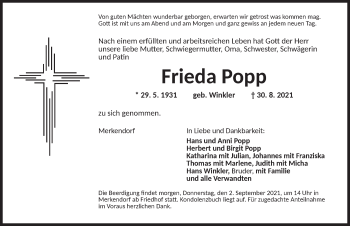 Traueranzeige von Frieda Popp von Ansbach