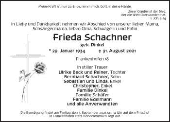 Traueranzeige von Frieda Schachner von Dinkelsbühl/ Feuchtwangen