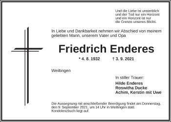 Traueranzeige von Friedrich Enderes von Dinkelsbühl/ Feuchtwangen