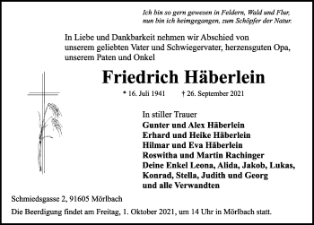 Traueranzeige von Friedrich Häberlein von Rothenburg