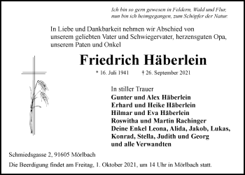 Traueranzeige von Friedrich Häberlein von Neustadt/ Scheinfeld/ Uffenheim