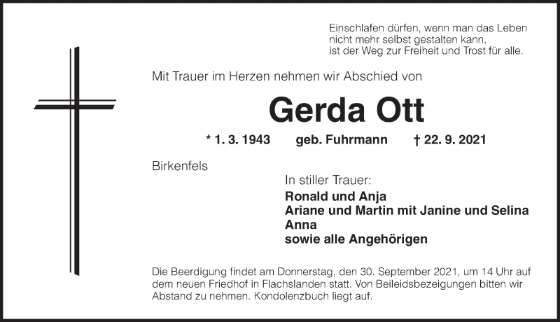  Traueranzeige für Gerda Ott vom 25.09.2021 aus Ansbach