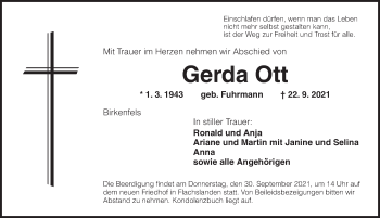 Traueranzeige von Gerda Ott von Ansbach