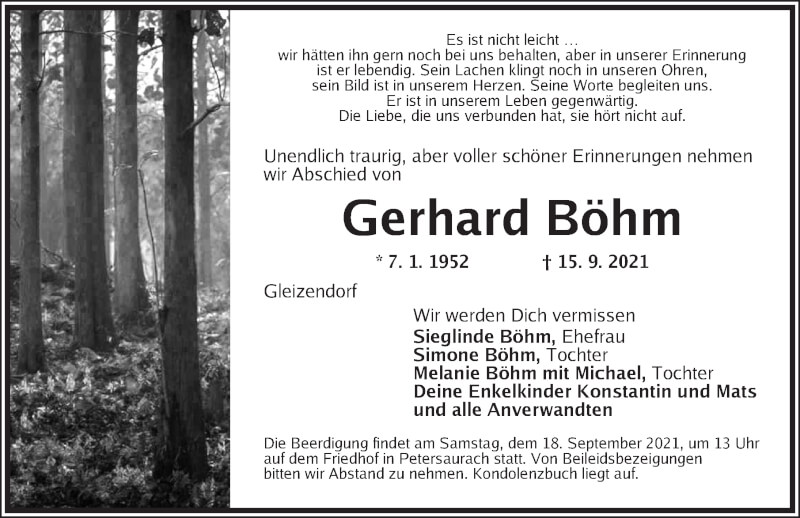  Traueranzeige für Gerhard Böhm vom 17.09.2021 aus Ansbach