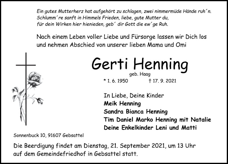  Traueranzeige für Gerti Henning vom 20.09.2021 aus Rothenburg