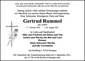 Traueranzeige von Gertrud Rummel von Rothenburg