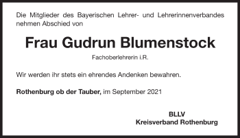 Traueranzeige von Gudrun Blumenstock von Rothenburg