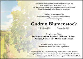 Traueranzeige von Gudrun Blumenstock von Rothenburg