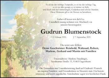 Traueranzeige von Gudrun Blumenstock von Neustadt/ Scheinfeld/ Uffenheim