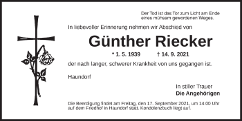 Traueranzeige von Günther Riecker von Dinkelsbühl/ Feuchtwangen