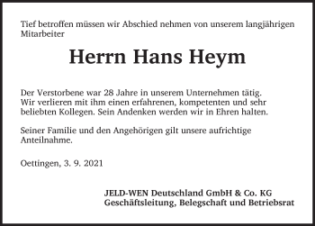 Traueranzeige von Hans Heym von Dinkelsbühl/ Feuchtwangen