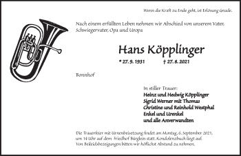 Traueranzeige von Hans Köpplinger von Ansbach