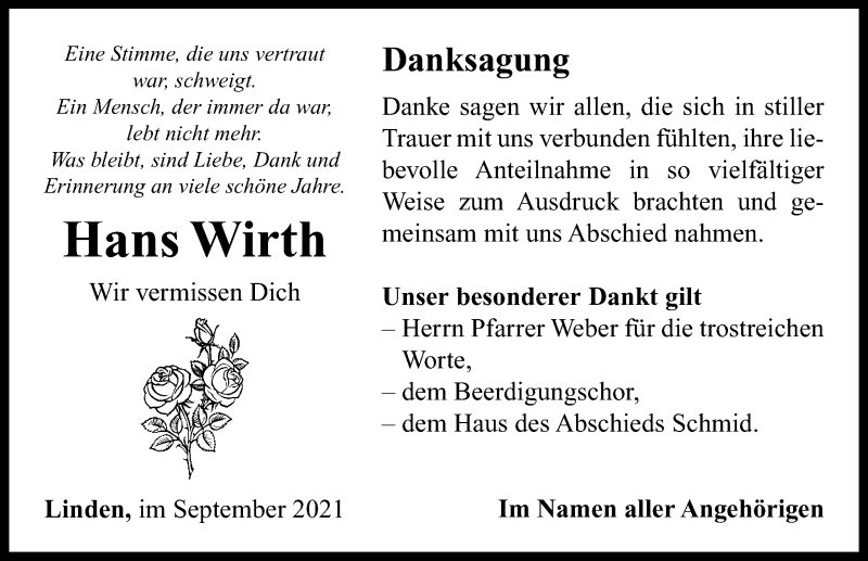  Traueranzeige für Hans Wirth vom 25.09.2021 aus Neustadt/ Scheinfeld/ Uffenheim