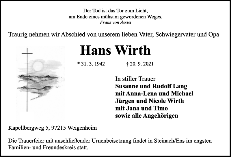  Traueranzeige für Hans Wirth vom 25.09.2021 aus Rothenburg