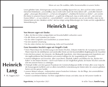 Traueranzeige von Heinrich Lang von Neustadt/ Scheinfeld/ Uffenheim