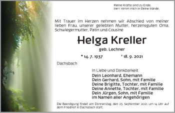 Traueranzeige von Helga Kreller von Neustadt/ Scheinfeld/ Uffenheim