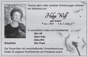 Traueranzeige von Helga Wolf von Neustadt/ Scheinfeld/ Uffenheim