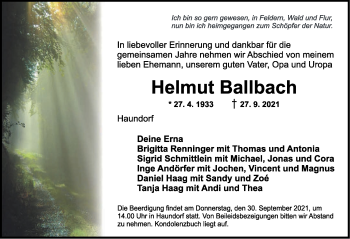 Traueranzeige von Helmut Ballbach von Dinkelsbühl/ Feuchtwangen