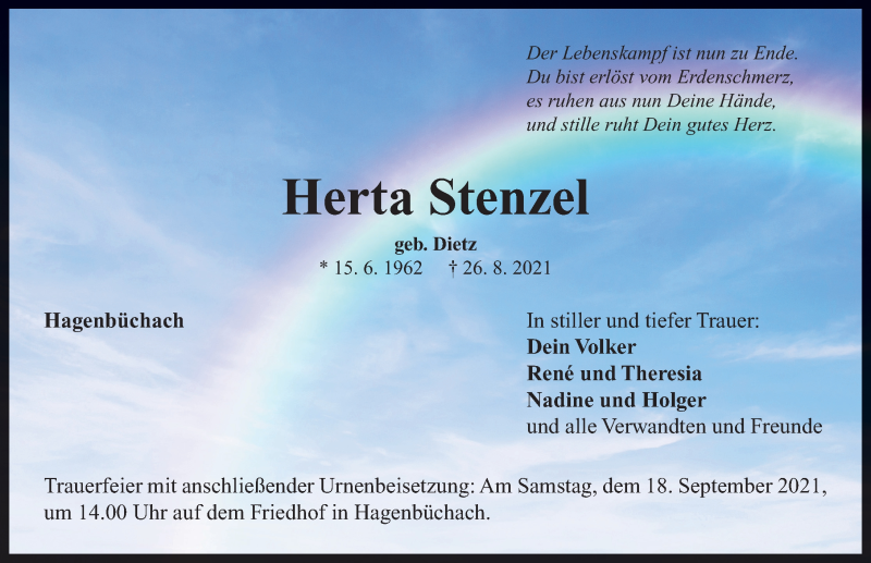  Traueranzeige für Herta Stenzel vom 15.09.2021 aus Neustadt/ Scheinfeld/ Uffenheim