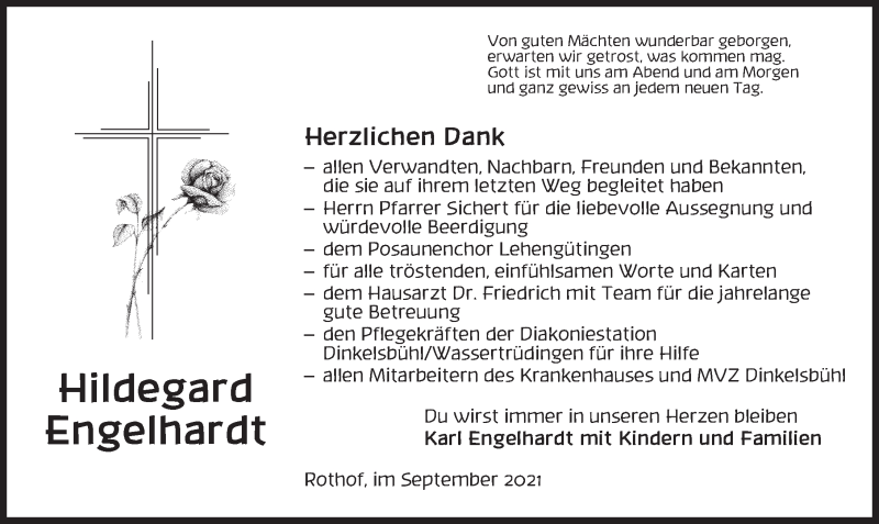  Traueranzeige für Hildegard Engelhardt vom 28.09.2021 aus Dinkelsbühl/ Feuchtwangen