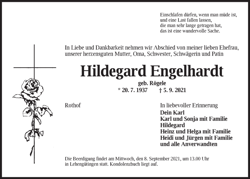  Traueranzeige für Hildegard Engelhardt vom 07.09.2021 aus Dinkelsbühl/ Feuchtwangen