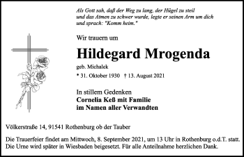 Traueranzeige von Hildegard Mrogenda von Rothenburg