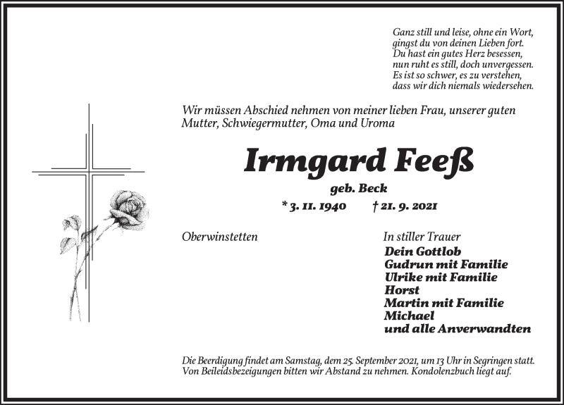 Traueranzeige für Irmgard Feeß vom 24.09.2021 aus Dinkelsbühl/ Feuchtwangen