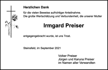 Traueranzeige von Irmgard Preiser von GE