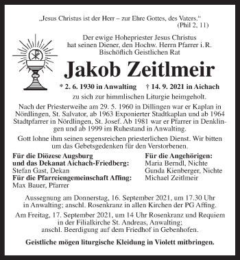 Traueranzeige von Jakob Zeitlmeir von Dinkelsbühl/ Feuchtwangen