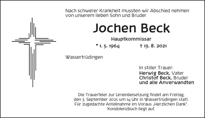  Traueranzeige für Jochen Beck vom 01.09.2021 aus Dinkelsbühl/ Feuchtwangen