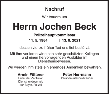 Traueranzeige von Jochen Beck von Dinkelsbühl/ Feuchtwangen