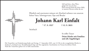 Traueranzeige von Johann Karl Einfalt von Ansbach