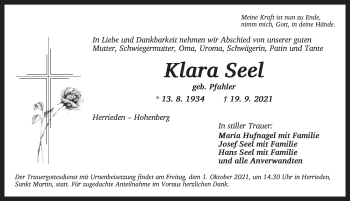 Traueranzeige von Klara Seel von Ansbach