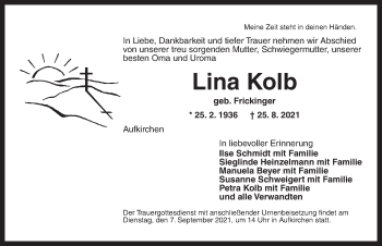 Traueranzeige von Lina Kolb von Dinkelsbühl/ Feuchtwangen