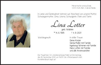 Traueranzeige von Lina Lotter von Ansbach