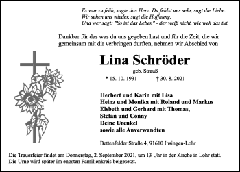 Traueranzeige von Lina Schröder von Rothenburg