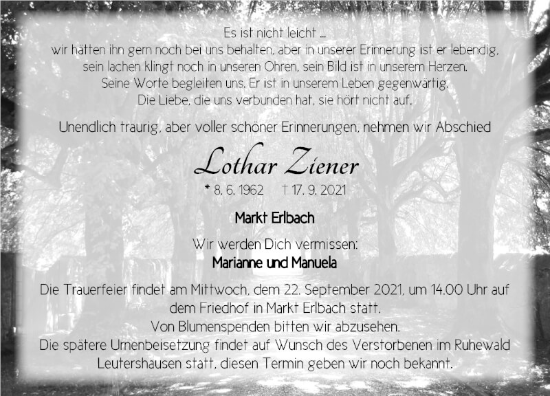  Traueranzeige für Lothar Ziener vom 20.09.2021 aus Neustadt/ Scheinfeld/ Uffenheim
