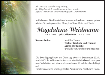 Traueranzeige von Magdalena Weidmann von Neustadt/ Scheinfeld/ Uffenheim