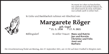 Traueranzeige von Margarete Roger von Ansbach