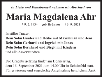 Traueranzeige von Maria Magdalena Ahr von Neustadt/ Scheinfeld/ Uffenheim