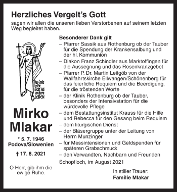 Traueranzeige von Mirko Mlakar von Ansbach