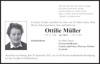 Traueranzeige von Ottilie Müller von Neustadt/ Scheinfeld/ Uffenheim