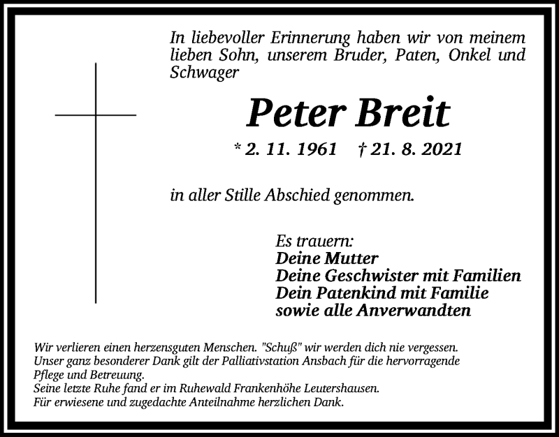  Traueranzeige für Peter Breit vom 10.09.2021 aus Ansbach
