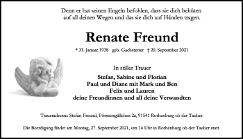 Traueranzeige von Renate Freund von Rothenburg