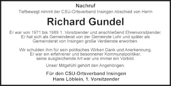 Traueranzeige von Richard Gundel von Rothenburg