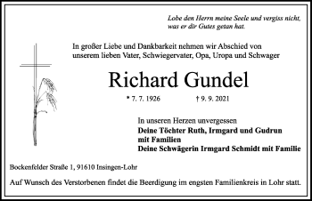 Traueranzeige von Richard Gundel von Rothenburg