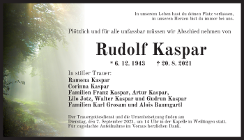 Traueranzeige von Rudolf Kaspar von Dinkelsbühl/ Feuchtwangen