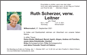 Traueranzeige von Ruth Scherzer von Neustadt/ Scheinfeld/ Uffenheim