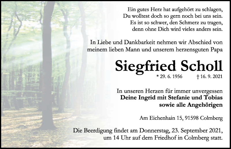  Traueranzeige für Siegfried Scholl vom 22.09.2021 aus Ansbach
