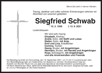 Traueranzeige von Siegfried Schwab von Ansbach